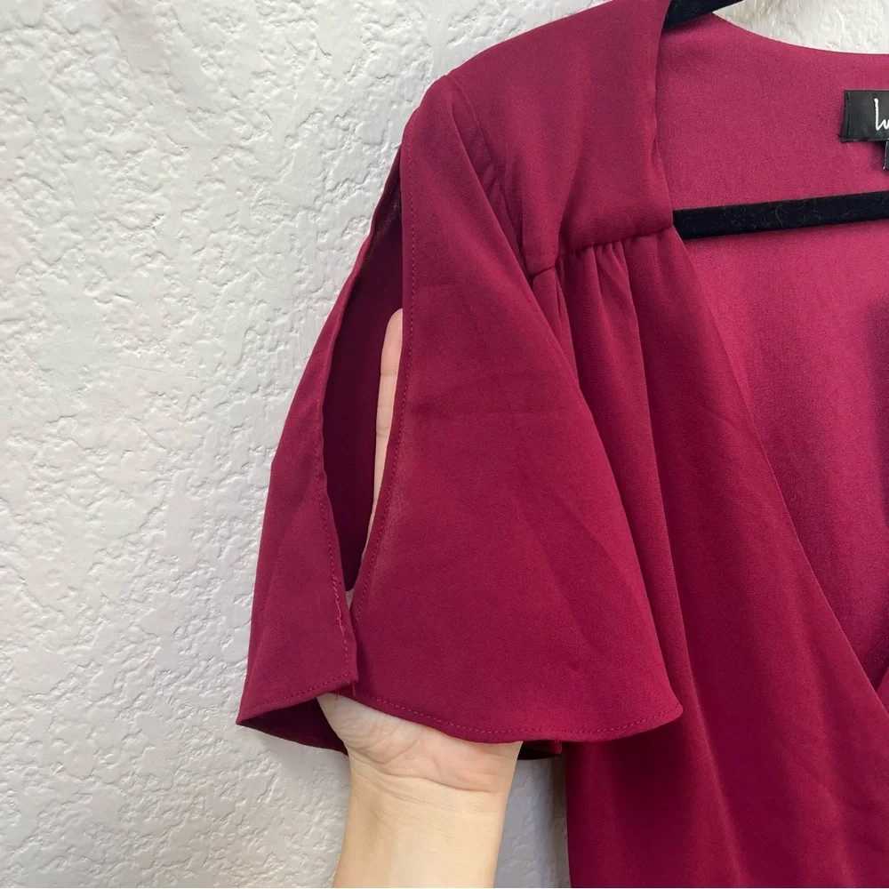 Lulus Wrap Maxi Dress Women,s Medium Burgundy Short Sleeve Slit Flutter New - Picture 5 of 9